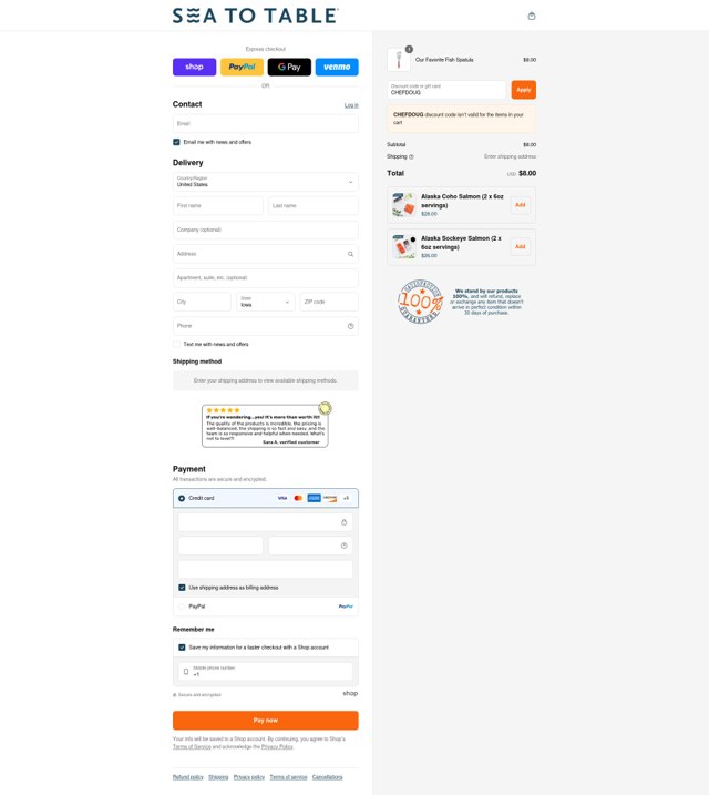 Sea to Table checkout page showing Sea to Table discount code box | Screenshot taken by SimplyCodes community member on Sep 3, 2025
