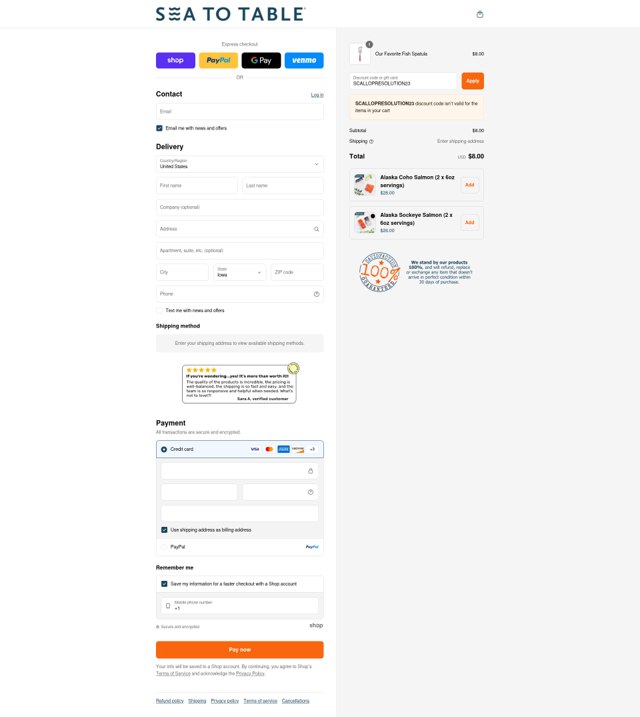 Sea to Table checkout page showing Sea to Table discount code box | Screenshot taken by SimplyCodes community member on Sep 3, 2025