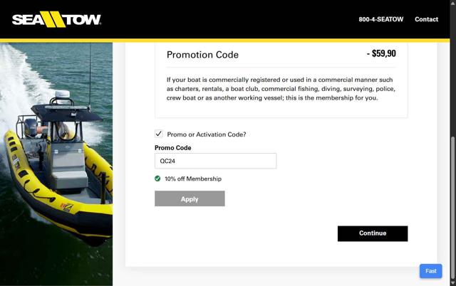 Sea Tow checkout page showing Sea Tow promo code box | Screenshot taken by SimplyCodes community member on Aug 15, 2025