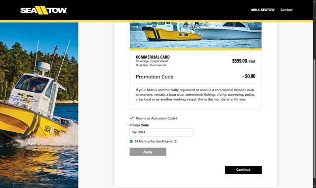 Sea Tow checkout page showing Sea Tow promo code box | Screenshot taken by SimplyCodes community member on Aug 24, 2025