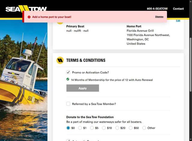 Sea Tow checkout page showing Sea Tow promo code box | Screenshot taken by SimplyCodes community member on Sep 13, 2025