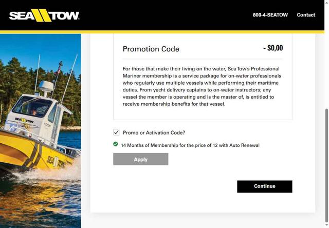 Sea Tow checkout page showing Sea Tow promo code box | Screenshot taken by SimplyCodes community member on Sep 13, 2025