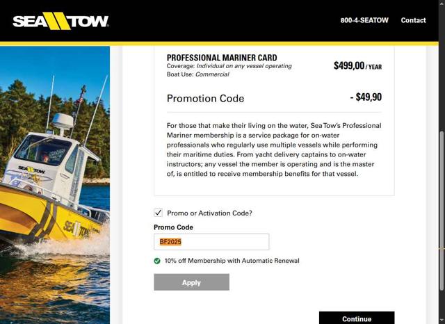 Sea Tow checkout page showing Sea Tow promo code box | Screenshot taken by SimplyCodes community member on Sep 13, 2025