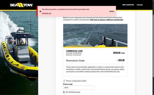 Sea Tow checkout page showing Sea Tow promo code box | Screenshot taken by SimplyCodes community member on Aug 13, 2025