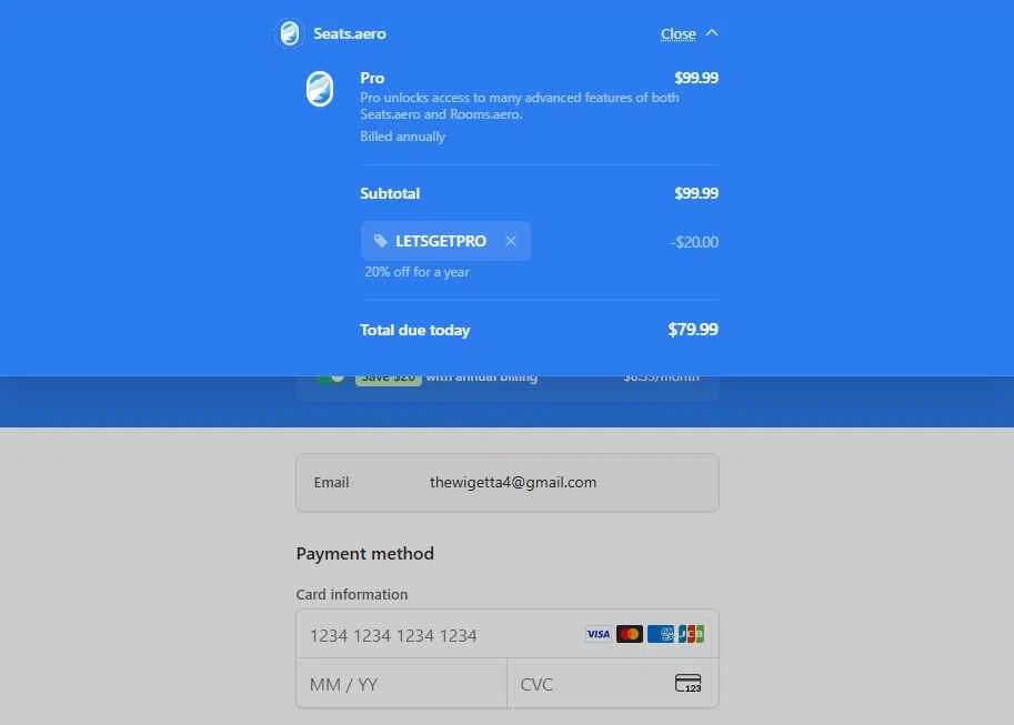 Seats.aero checkout page showing Seats.aero promo code box | Screenshot taken by SimplyCodes community member on Nov 21, 2025