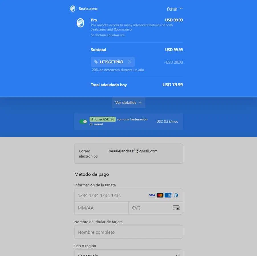 Seats.aero checkout page showing Seats.aero promo code box | Screenshot taken by SimplyCodes community member on Nov 11, 2025