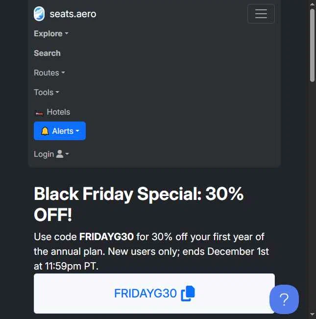 Seats.aero checkout page showing Seats.aero promo code box | Screenshot taken by SimplyCodes community member on Dec 4, 2025