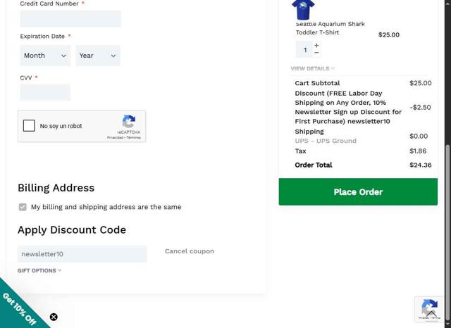 Seattle Aquarium checkout page showing Seattle Aquarium promo code box | Screenshot taken by SimplyCodes community member on Aug 28, 2025