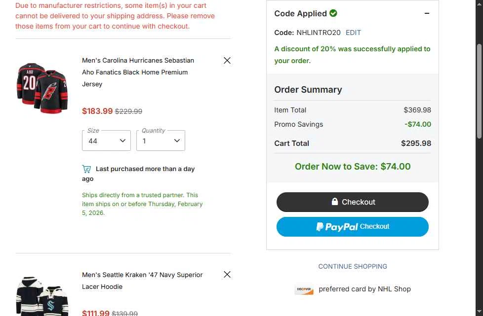 Seattle Kraken Shop checkout page showing Seattle Kraken Shop promo code box | Screenshot taken by SimplyCodes community member on Feb 5, 2026