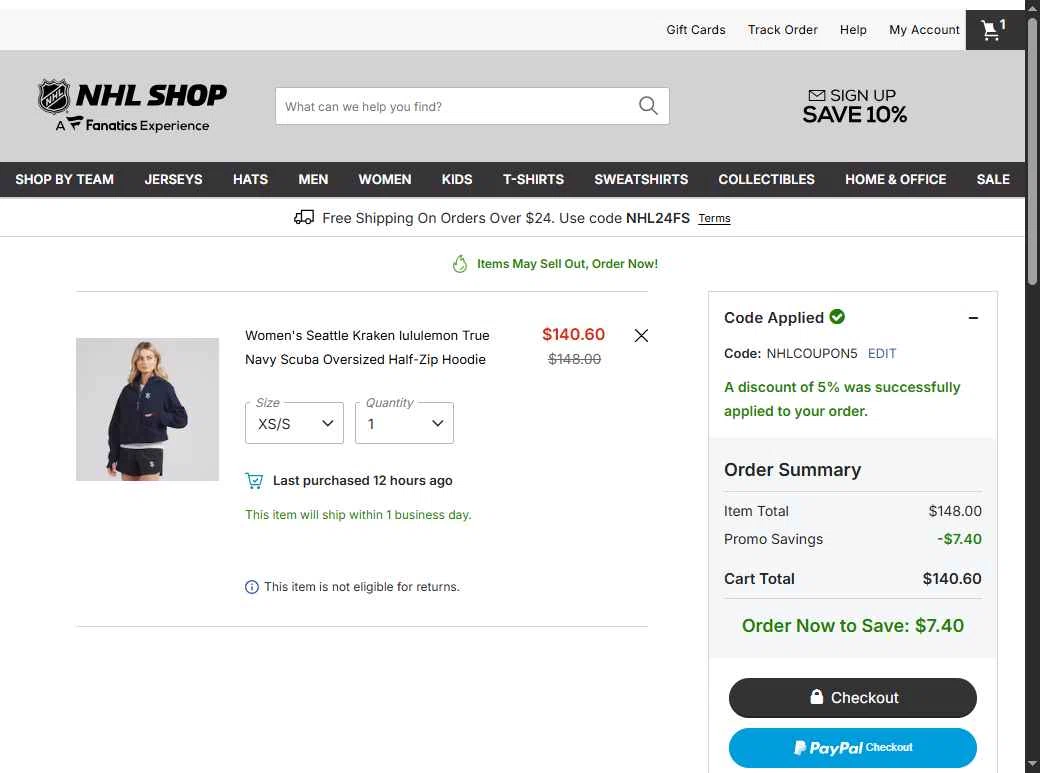 Seattle Kraken Shop checkout page showing Seattle Kraken Shop promo code box | Screenshot taken by SimplyCodes community member on Jan 29, 2026