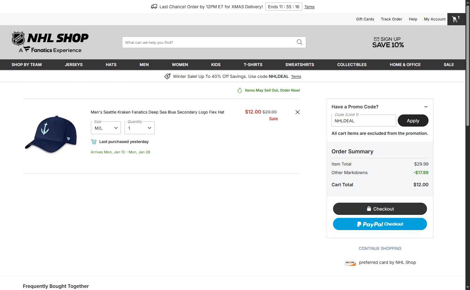 Seattle Kraken Shop checkout page showing Seattle Kraken Shop promo code box | Screenshot taken by SimplyCodes community member on Dec 22, 2025