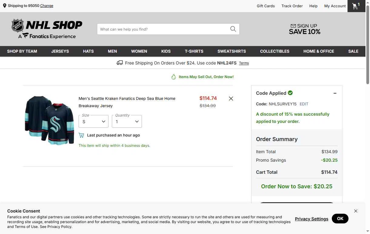 Seattle Kraken Shop checkout page showing Seattle Kraken Shop promo code box | Screenshot taken by SimplyCodes community member on Jan 10, 2026