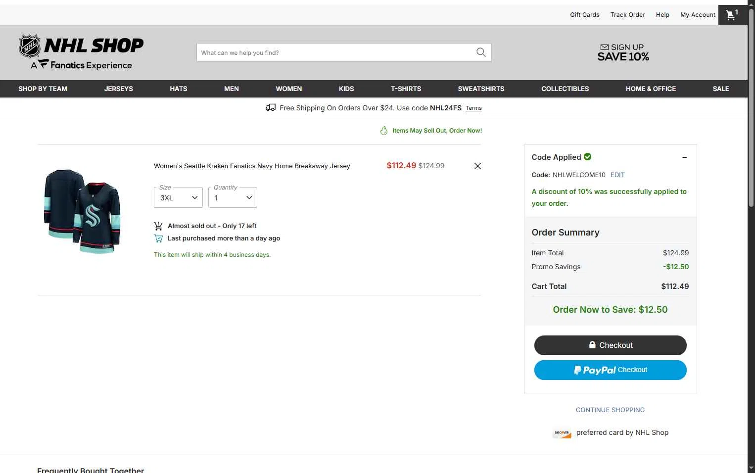 Seattle Kraken Shop checkout page showing Seattle Kraken Shop promo code box | Screenshot taken by SimplyCodes community member on Jan 21, 2026
