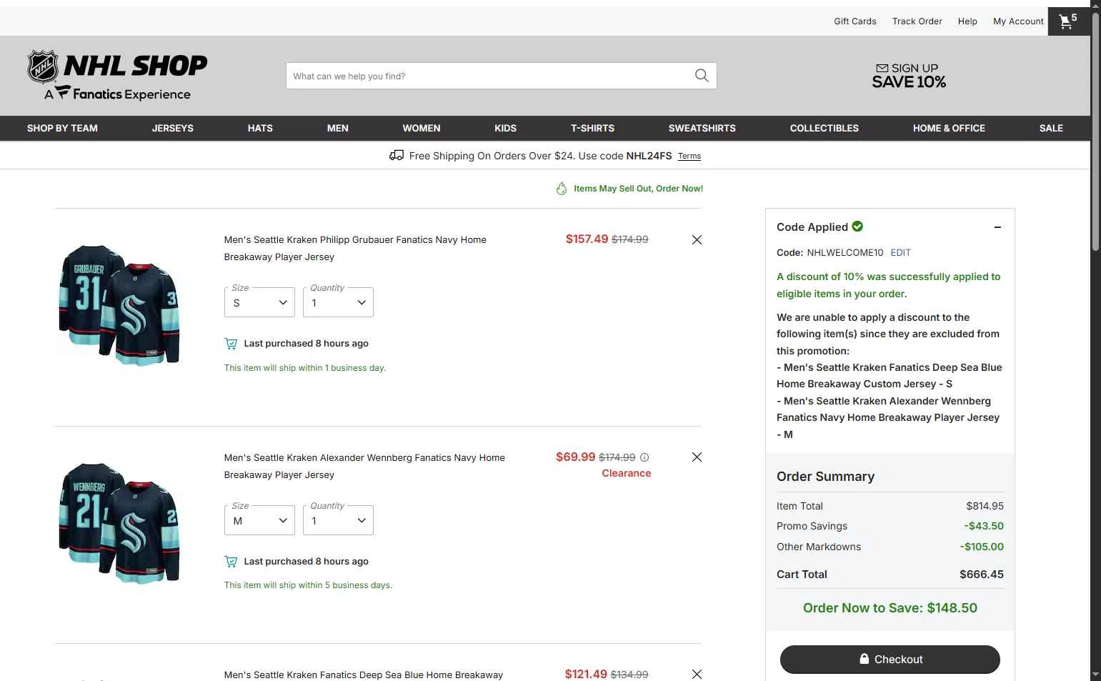 Seattle Kraken Shop checkout page showing Seattle Kraken Shop promo code box | Screenshot taken by SimplyCodes community member on Feb 1, 2026