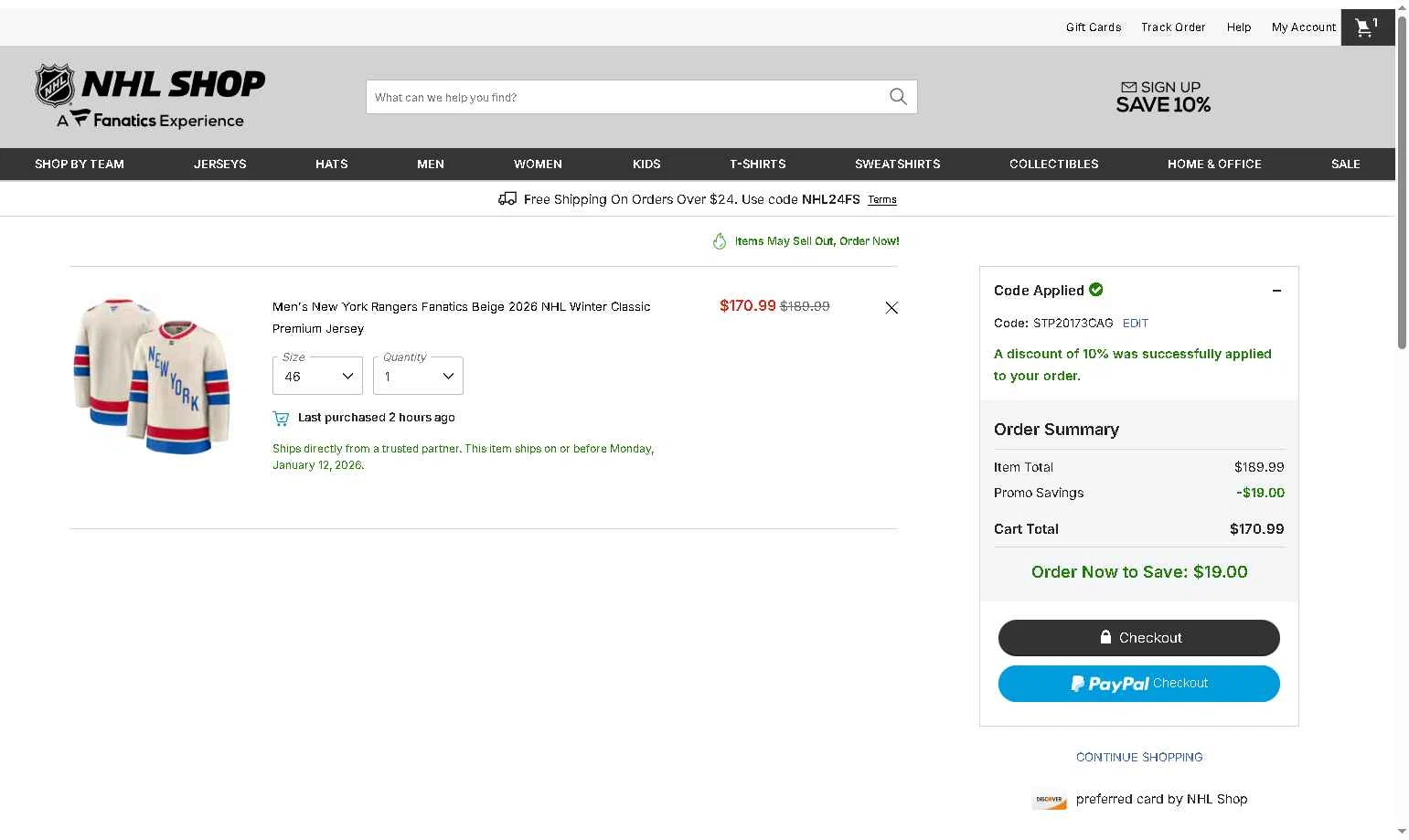 Seattle Kraken Shop checkout page showing Seattle Kraken Shop promo code box | Screenshot taken by SimplyCodes community member on Jan 10, 2026