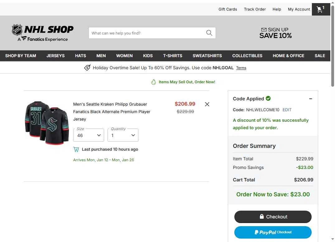 Seattle Kraken Shop checkout page showing Seattle Kraken Shop promo code box | Screenshot taken by SimplyCodes community member on Dec 20, 2025