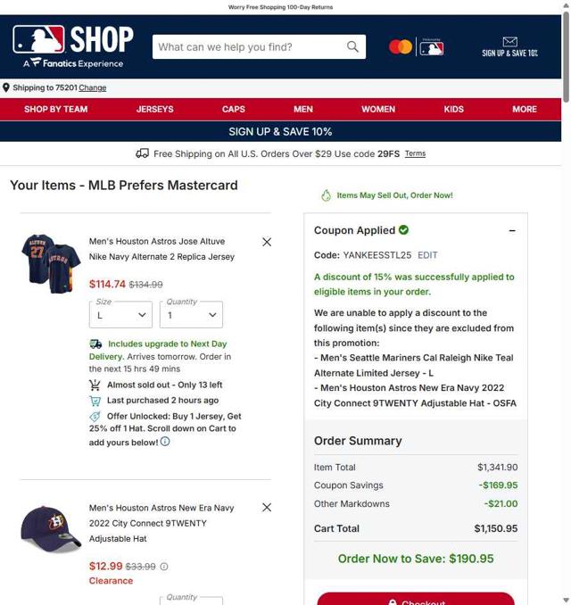 Seattle Mariners checkout page showing Seattle Mariners promo code box | Screenshot taken by SimplyCodes community member on Sep 7, 2025