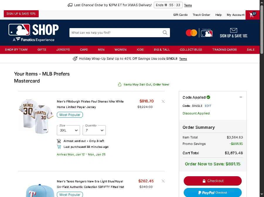 Seattle Mariners checkout page showing Seattle Mariners promo code box | Screenshot taken by SimplyCodes community member on Dec 22, 2025