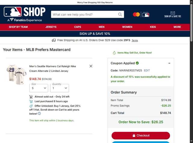 Seattle Mariners checkout page showing Seattle Mariners promo code box | Screenshot taken by SimplyCodes community member on Sep 11, 2025