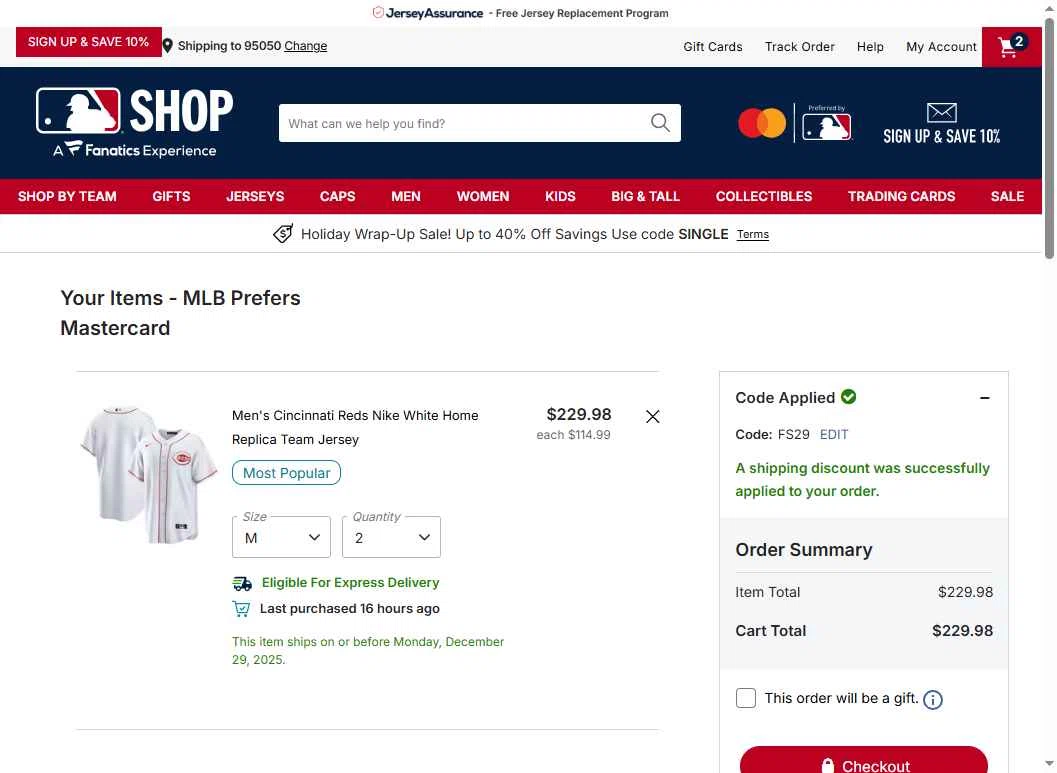 Seattle Mariners checkout page showing Seattle Mariners promo code box | Screenshot taken by SimplyCodes community member on Dec 29, 2025