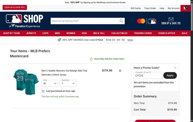 Seattle Mariners checkout page showing Seattle Mariners promo code box | Screenshot taken by SimplyCodes community member on Sep 10, 2025