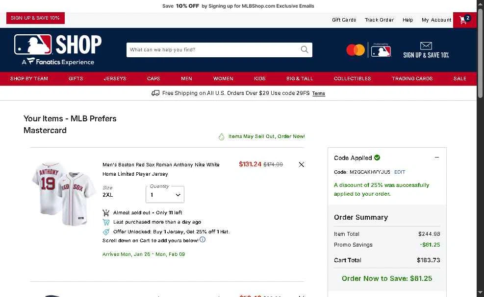 Seattle Mariners checkout page showing Seattle Mariners promo code box | Screenshot taken by SimplyCodes community member on Jan 3, 2026