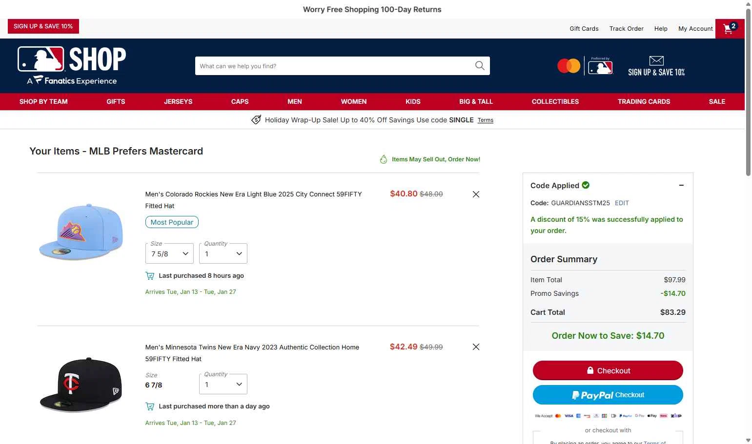 Seattle Mariners checkout page showing Seattle Mariners promo code box | Screenshot taken by SimplyCodes community member on Dec 24, 2025