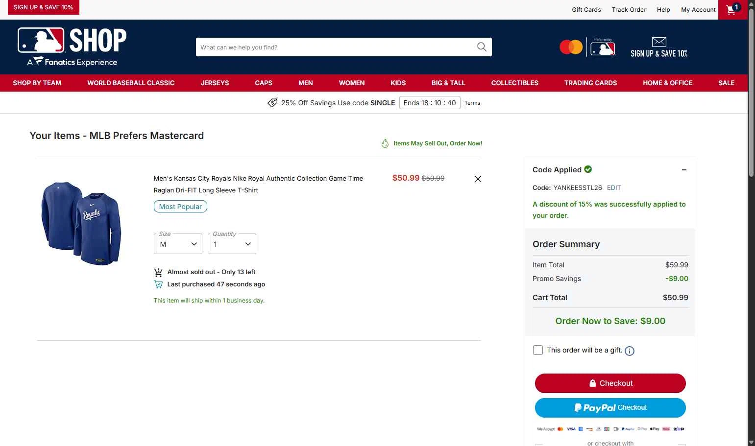 Seattle Mariners checkout page showing Seattle Mariners promo code box | Screenshot taken by SimplyCodes community member on Feb 24, 2026