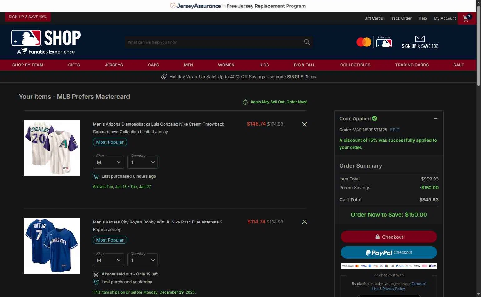 Seattle Mariners checkout page showing Seattle Mariners promo code box | Screenshot taken by SimplyCodes community member on Dec 27, 2025