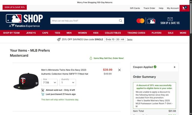 Seattle Mariners checkout page showing Seattle Mariners promo code box | Screenshot taken by SimplyCodes community member on Sep 29, 2025