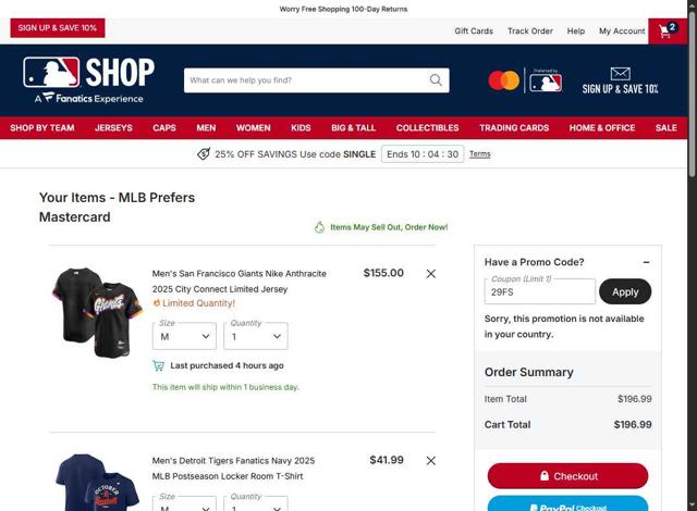 Seattle Mariners checkout page showing Seattle Mariners promo code box | Screenshot taken by SimplyCodes community member on Sep 29, 2025
