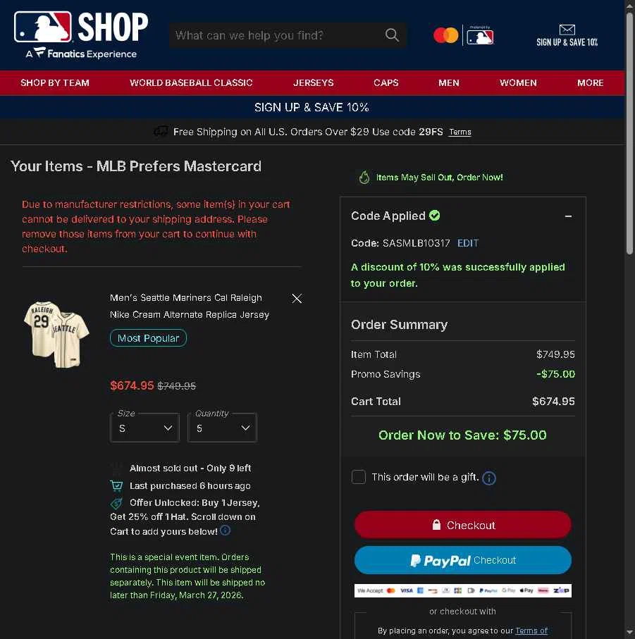 Seattle Mariners checkout page showing Seattle Mariners promo code box | Screenshot taken by SimplyCodes community member on Feb 6, 2026
