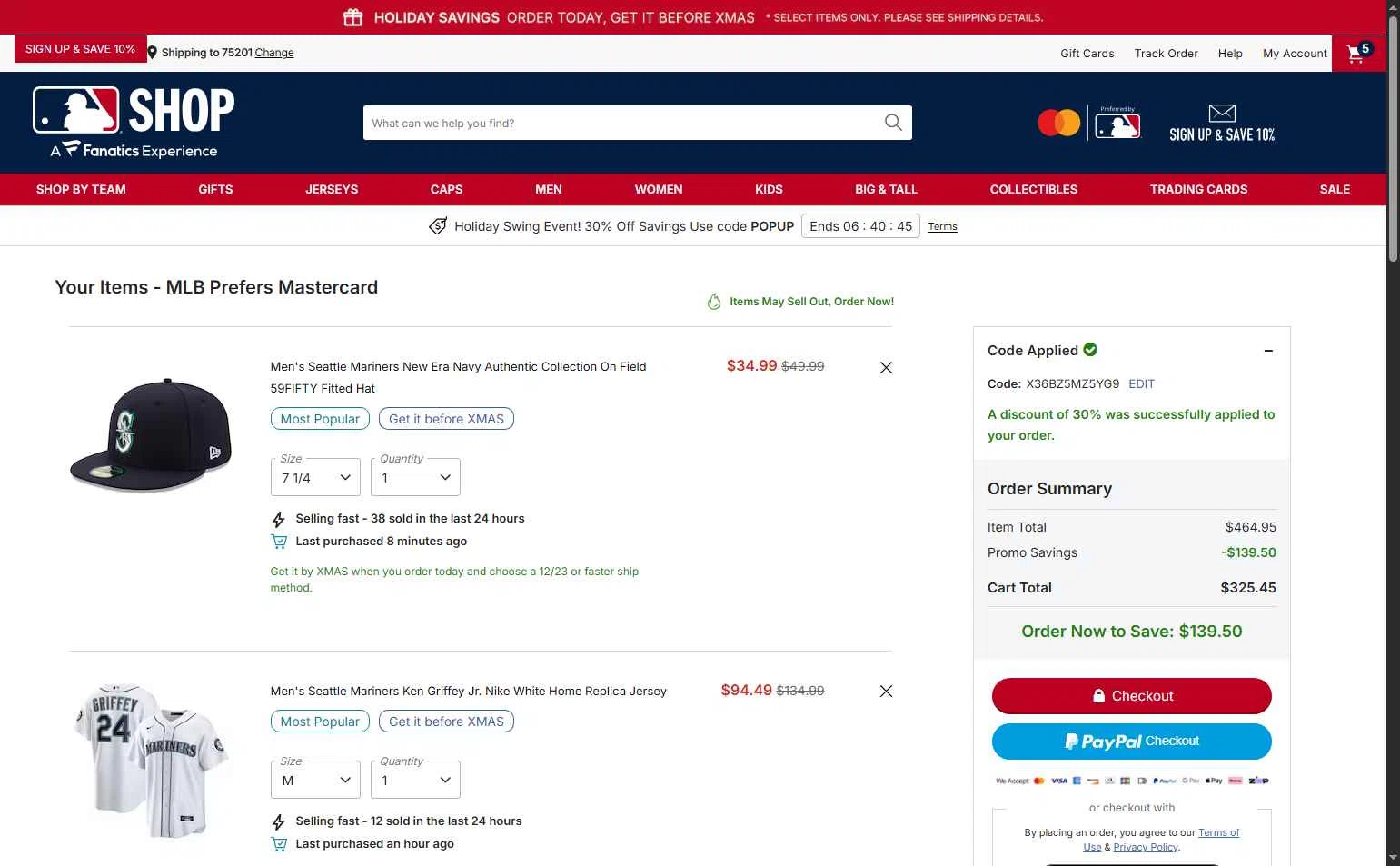 Seattle Mariners checkout page showing Seattle Mariners promo code box | Screenshot taken by SimplyCodes community member on Dec 18, 2025