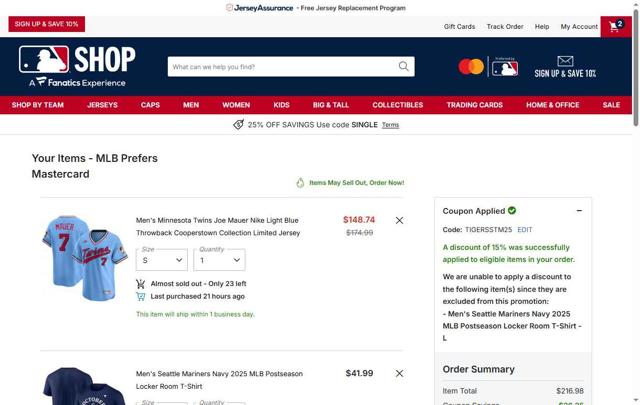 Seattle Mariners checkout page showing Seattle Mariners promo code box | Screenshot taken by SimplyCodes community member on Oct 5, 2025