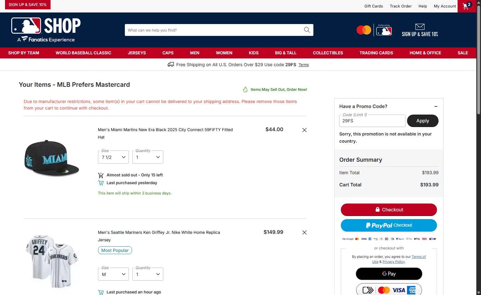 Seattle Mariners checkout page showing Seattle Mariners promo code box | Screenshot taken by SimplyCodes community member on Jan 25, 2026