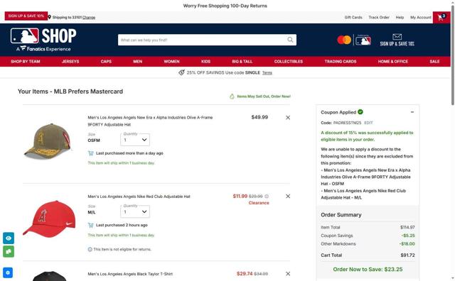 Seattle Mariners checkout page showing Seattle Mariners promo code box | Screenshot taken by SimplyCodes community member on Oct 5, 2025