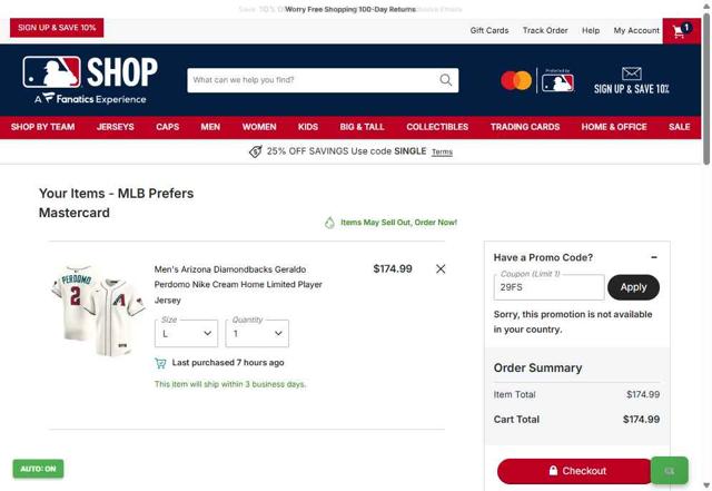 Seattle Mariners checkout page showing Seattle Mariners promo code box | Screenshot taken by SimplyCodes community member on Oct 5, 2025