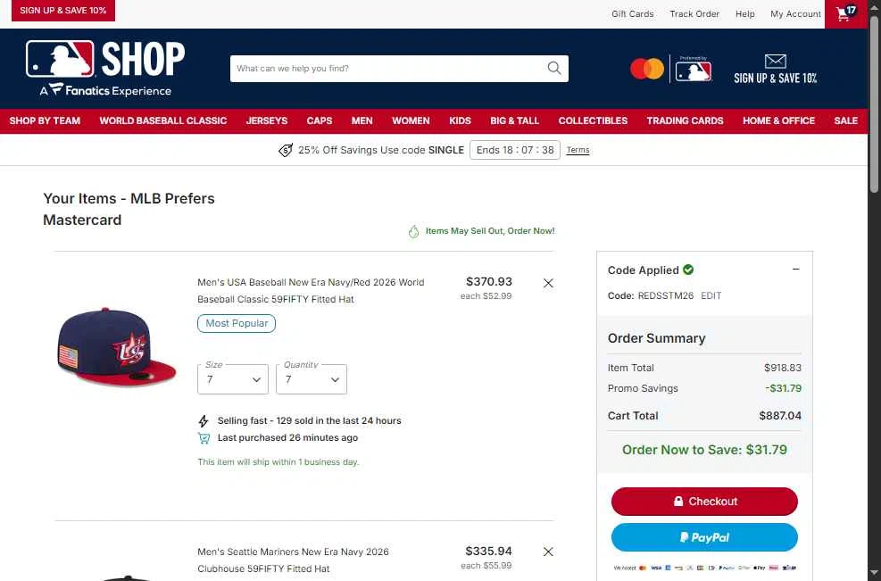Seattle Mariners checkout page showing Seattle Mariners promo code box | Screenshot taken by SimplyCodes community member on Feb 24, 2026