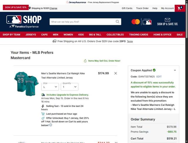 Seattle Mariners checkout page showing Seattle Mariners promo code box | Screenshot taken by SimplyCodes community member on Sep 11, 2025