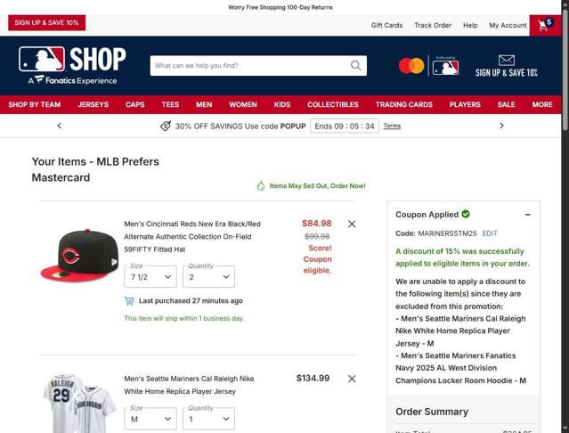 Seattle Mariners checkout page showing Seattle Mariners promo code box | Screenshot taken by SimplyCodes community member on Oct 3, 2025