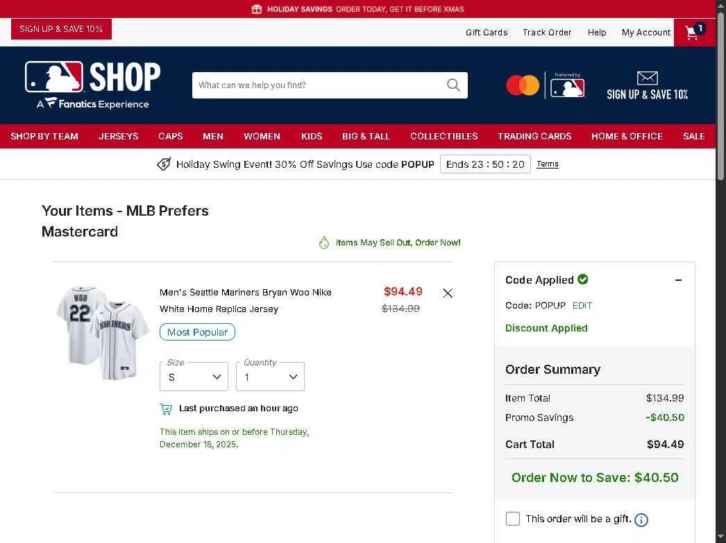 Seattle Mariners checkout page showing Seattle Mariners promo code box | Screenshot taken by SimplyCodes community member on Dec 18, 2025