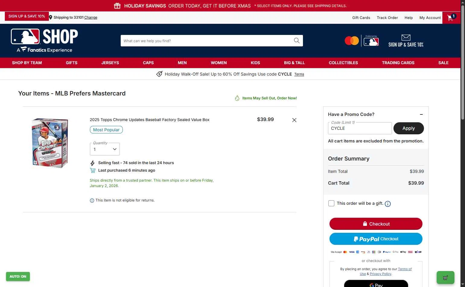 Seattle Mariners checkout page showing Seattle Mariners promo code box | Screenshot taken by SimplyCodes community member on Dec 19, 2025