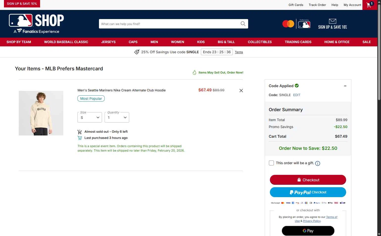 Seattle Mariners checkout page showing Seattle Mariners promo code box | Screenshot taken by SimplyCodes community member on Feb 21, 2026