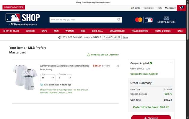 Seattle Mariners checkout page showing Seattle Mariners promo code box | Screenshot taken by SimplyCodes community member on Sep 28, 2025