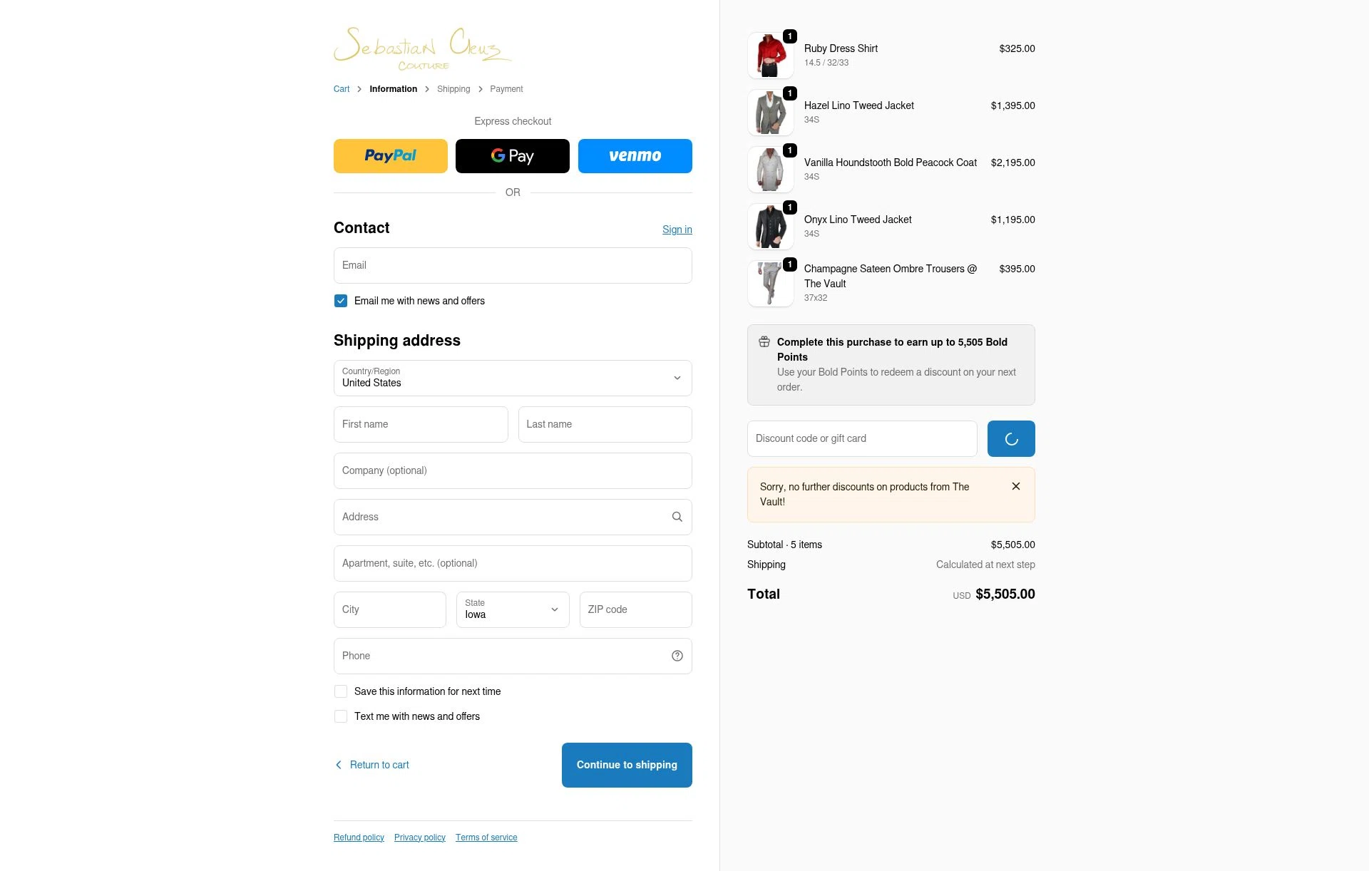 Sebastian Cruz Couture checkout page showing Sebastian Cruz Couture coupon code box | Screenshot taken by SimplyCodes community member on Dec 28, 2025