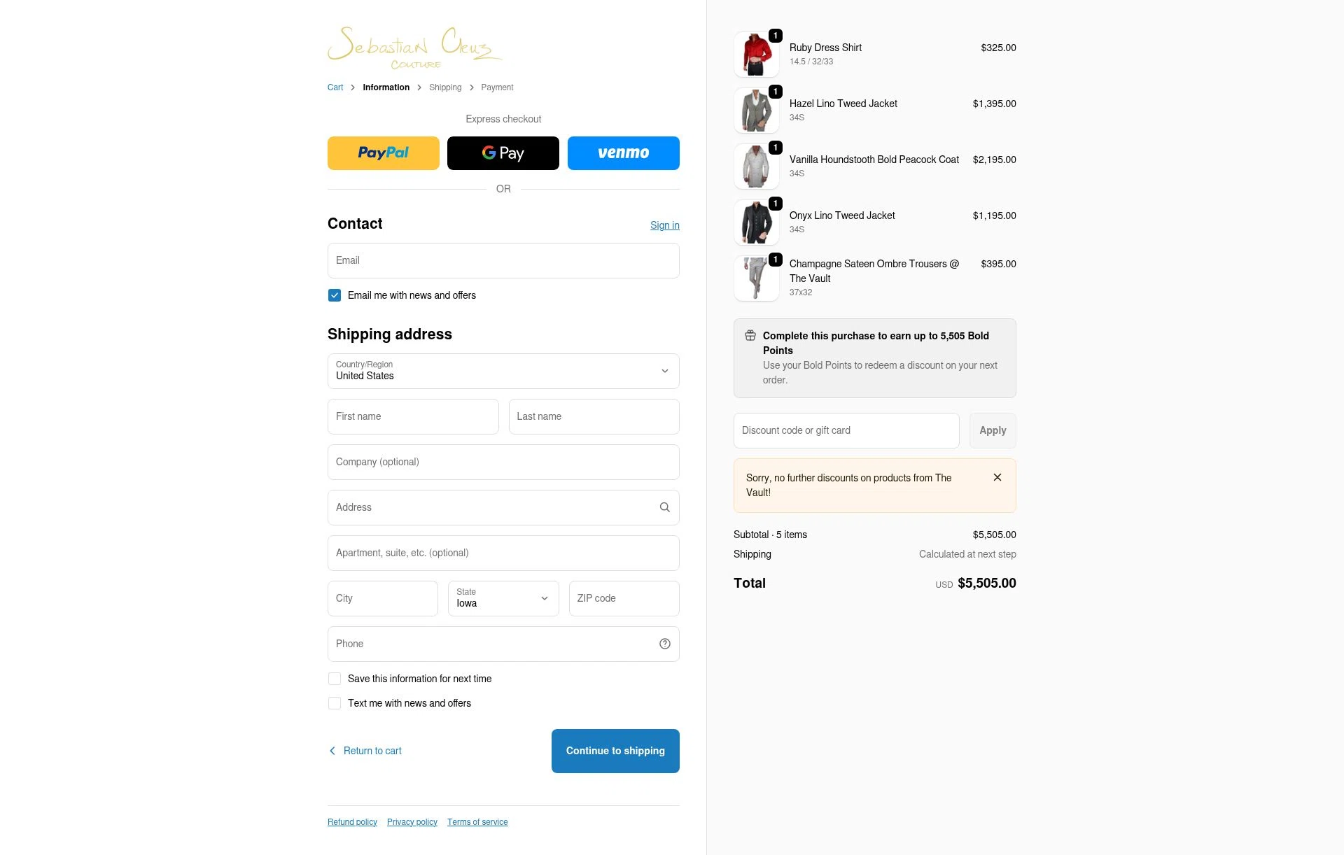 Sebastian Cruz Couture checkout page showing Sebastian Cruz Couture coupon code box | Screenshot taken by SimplyCodes community member on Dec 28, 2025