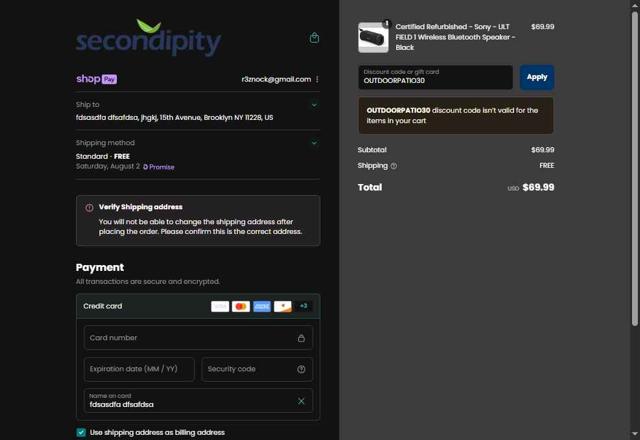 Secondipity checkout page showing Secondipity coupon code box | Screenshot taken by SimplyCodes community member on Jul 29, 2025