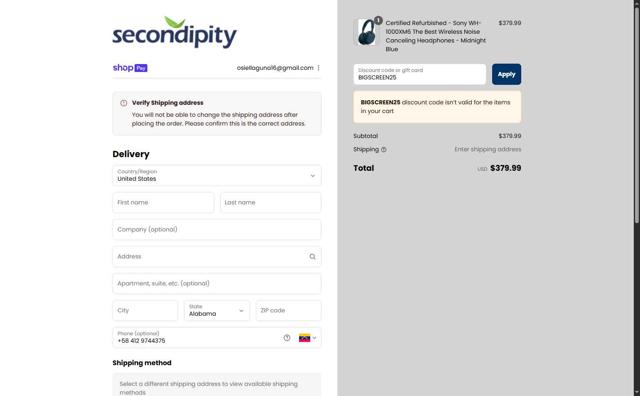 Secondipity checkout page showing Secondipity coupon code box | Screenshot taken by SimplyCodes community member on Aug 15, 2025