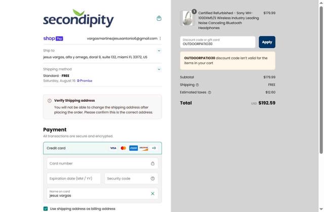 Secondipity checkout page showing Secondipity coupon code box | Screenshot taken by SimplyCodes community member on Aug 11, 2025