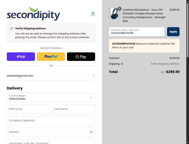 Secondipity checkout page showing Secondipity coupon code box | Screenshot taken by SimplyCodes community member on Sep 5, 2025